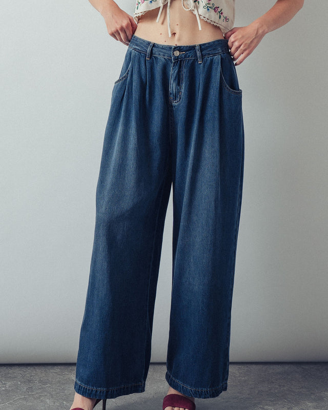 relaxed pleated wide leg denim trousers - dk denim