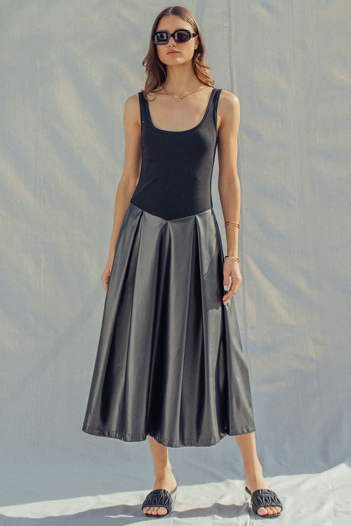 soho satin faux leather midi dress - black