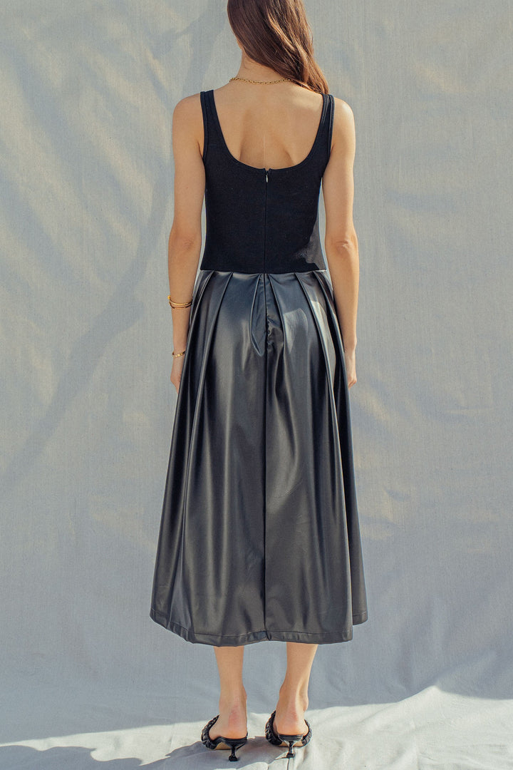 soho satin faux leather midi dress - black (additional view)