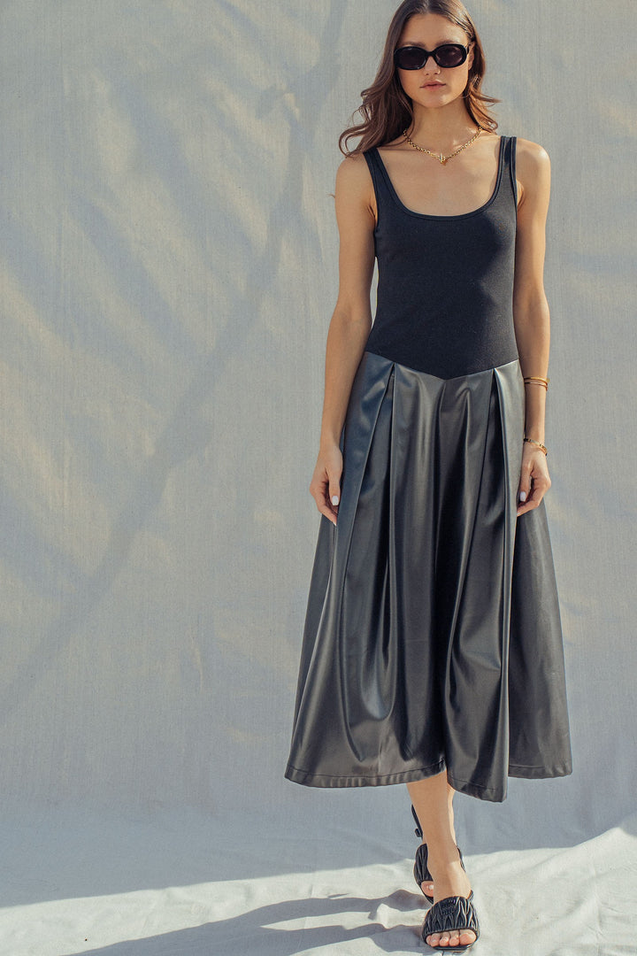 soho satin faux leather midi dress - black (additional view)