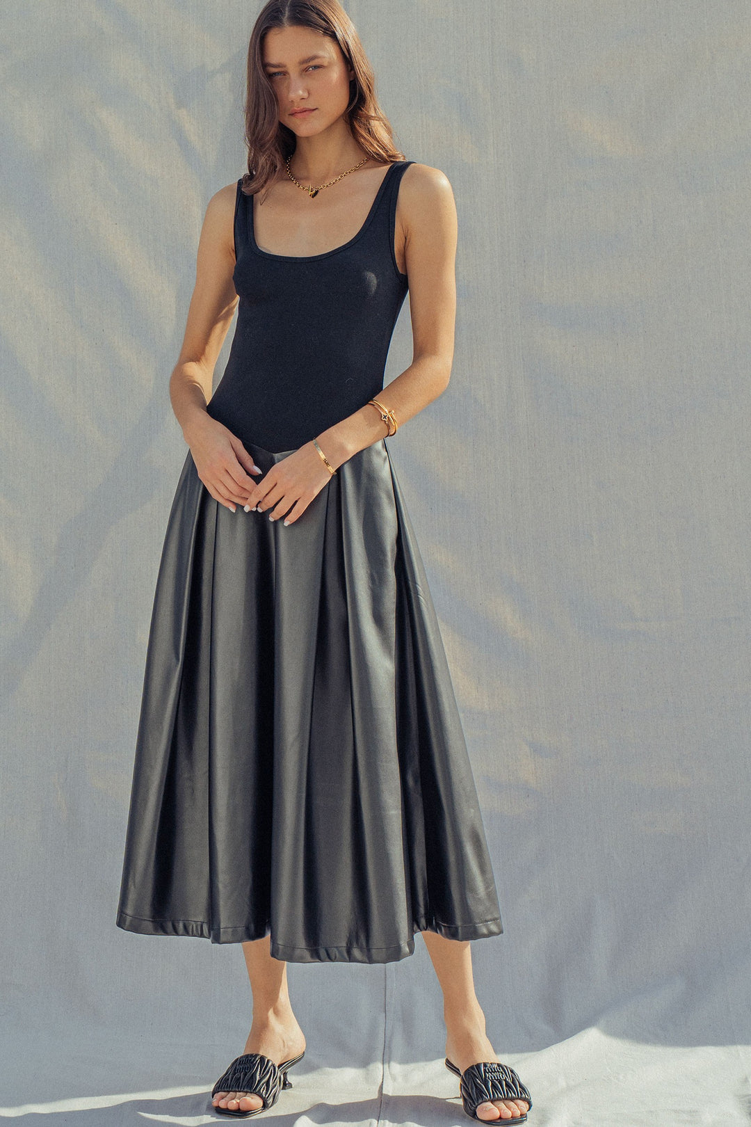 soho satin faux leather midi dress - black (additional view)