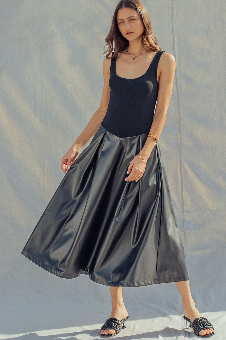 soho satin faux leather midi dress - black (additional view)