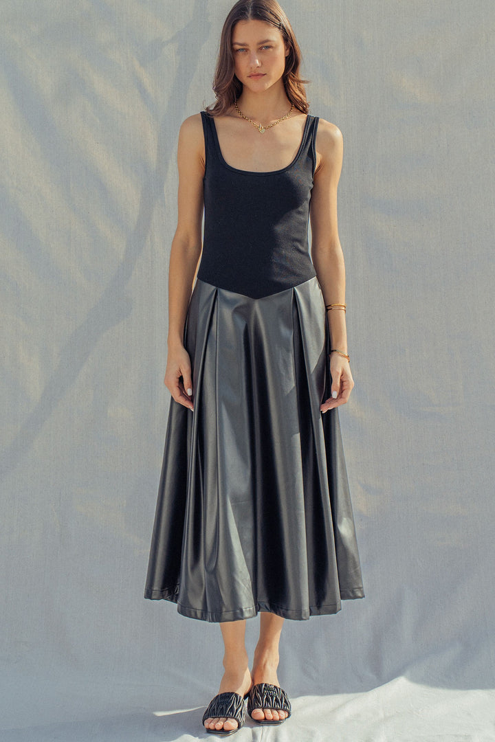 soho satin faux leather midi dress - black (additional view)