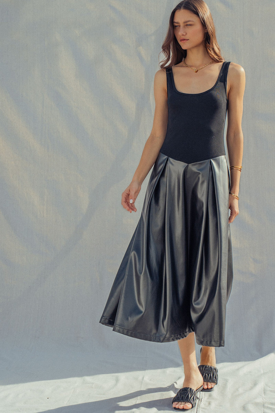 soho satin faux leather midi dress - black (additional view)