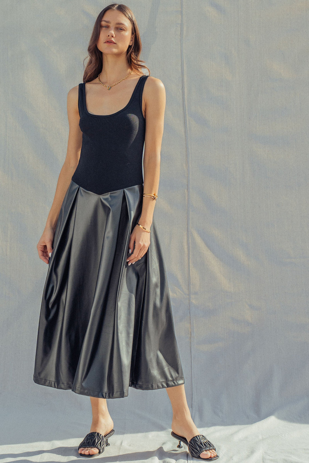 soho satin faux leather midi dress - black (additional view)