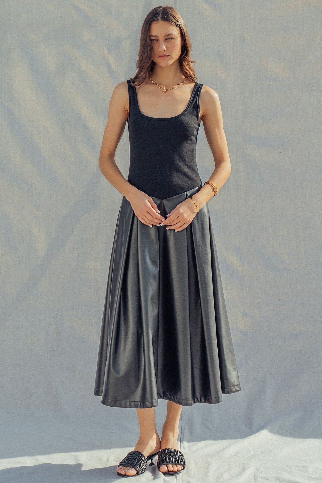 soho satin faux leather midi dress - black (additional view)