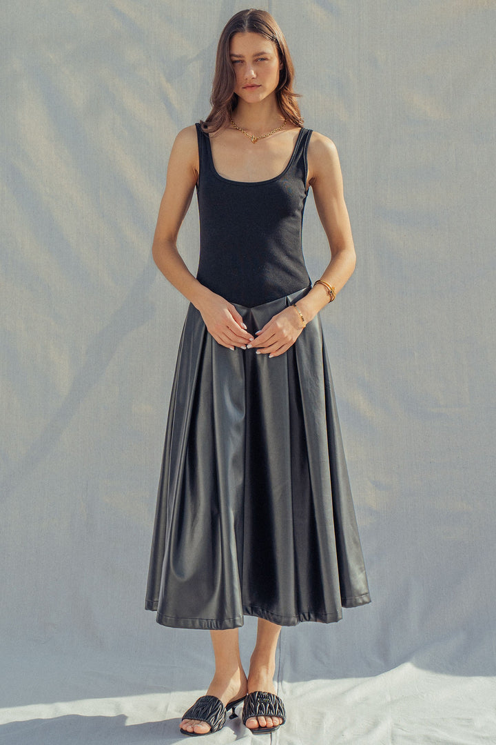 soho satin faux leather midi dress - black (additional view)