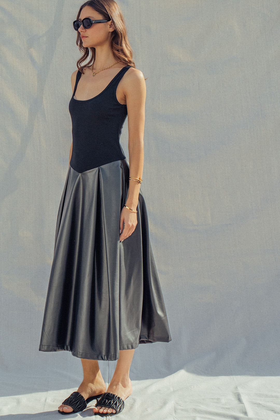 soho satin faux leather midi dress - black (additional view)