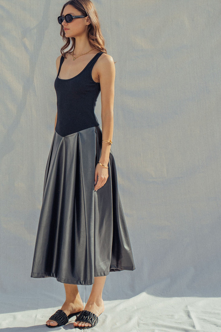 soho satin faux leather midi dress - black (additional view)