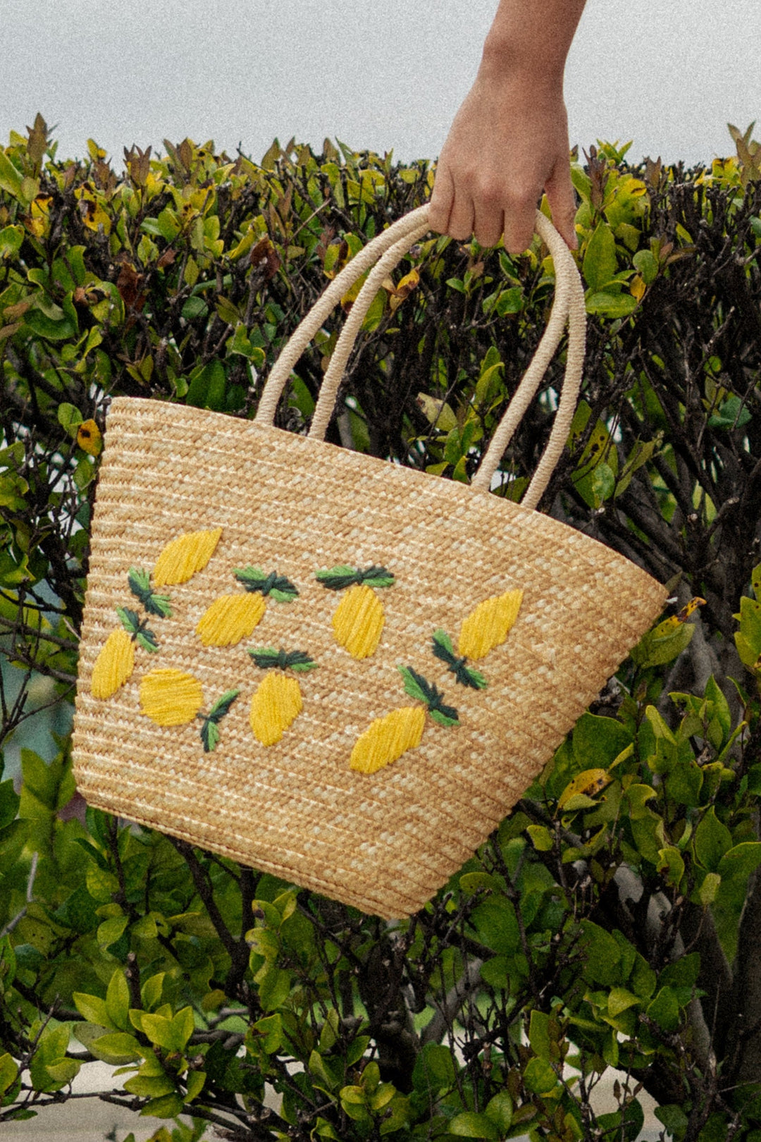 Sale Lemon Embroidered Straw Tote Bag