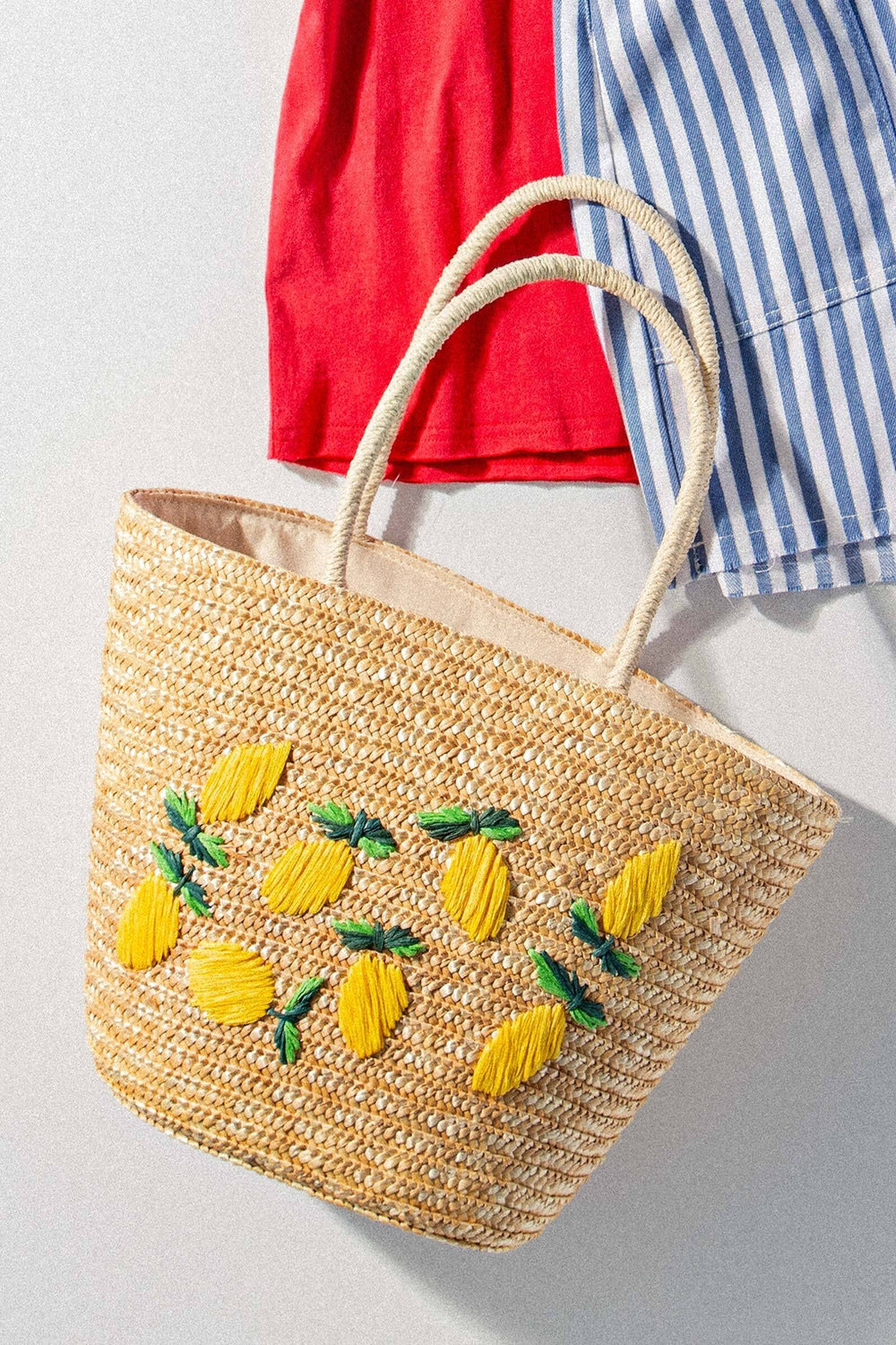 Sale Lemon Embroidered Straw Tote Bag, additional view