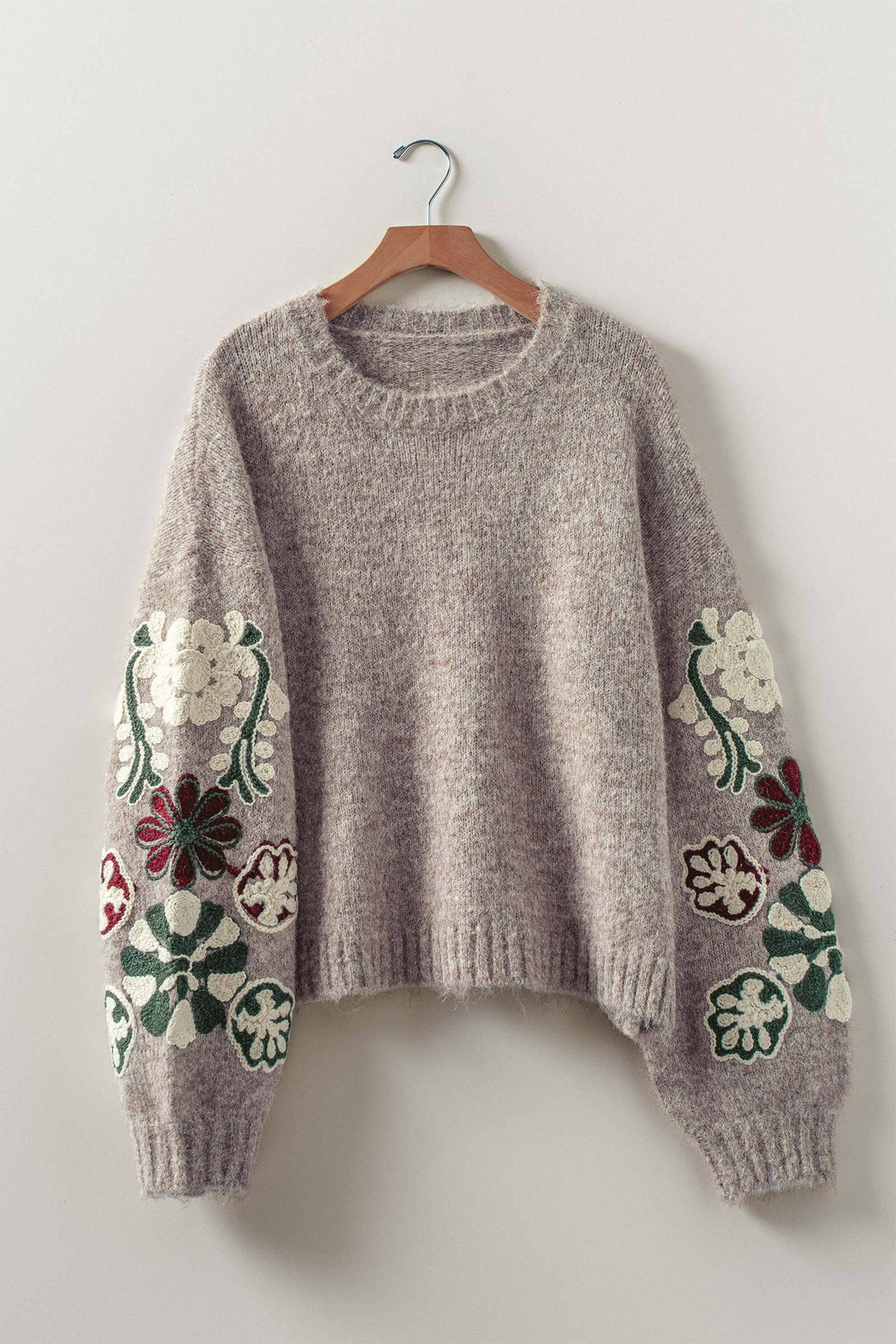 floral embroidered knit sweater - oatmeal