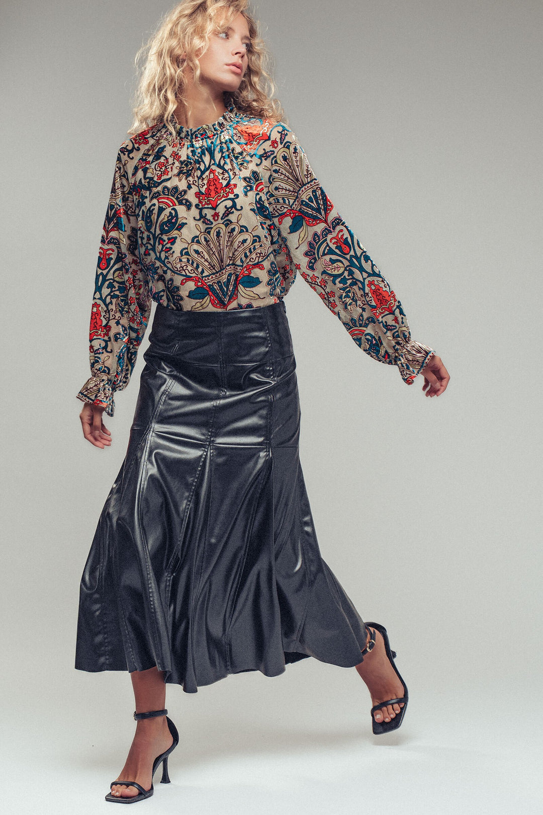 leather panel midi skirt - black