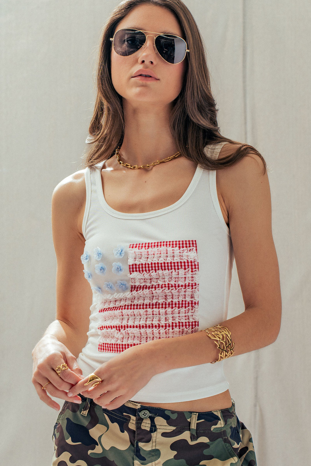 s flag ribbed tank - white