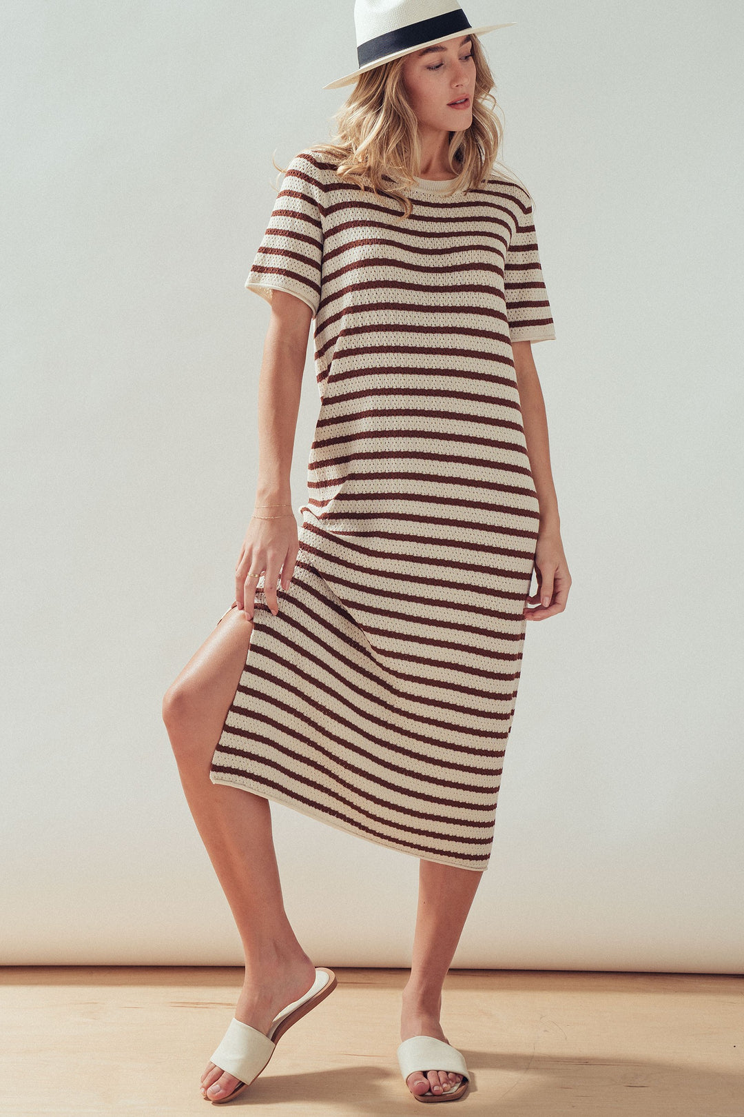 french riviera stripe knit dress - ivory brown