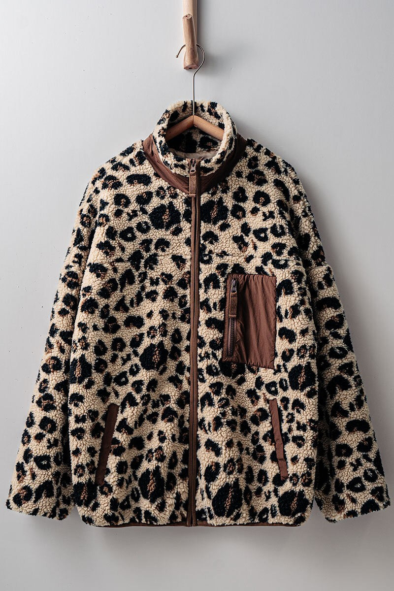 animal print fleece zip up jacket - choco