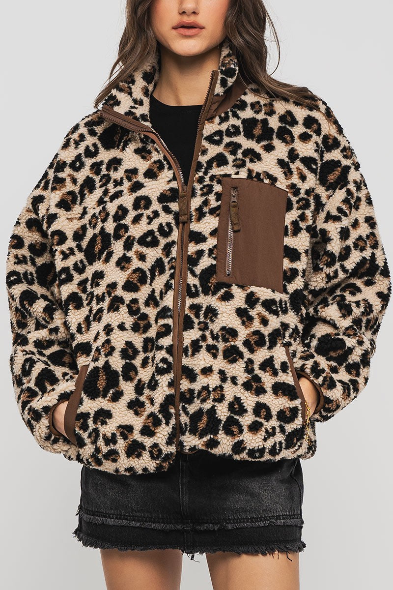 animal print fleece zip up jacket - choco (additional view)