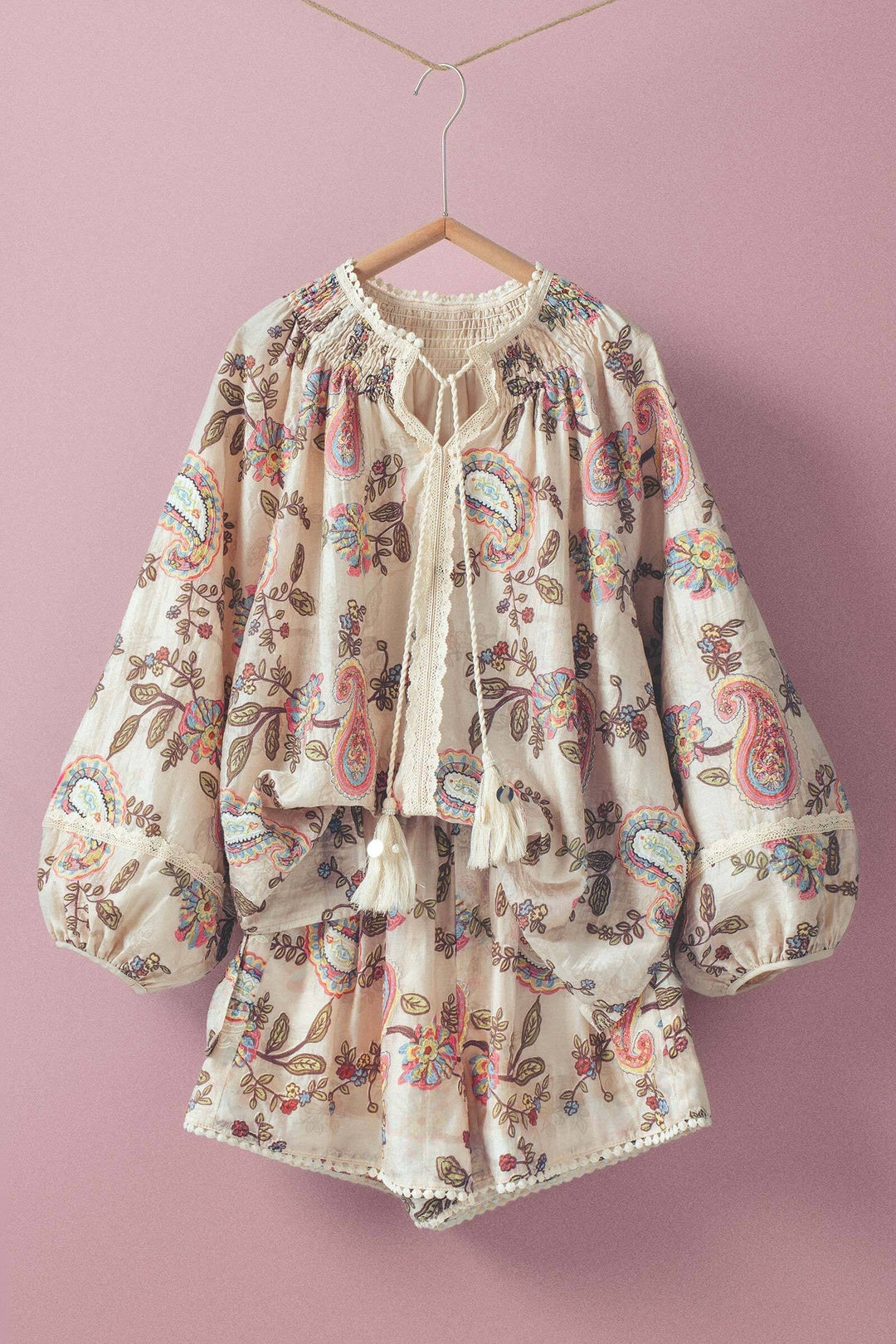 Paisley Embroidered Lace Detail Peasant Blouse