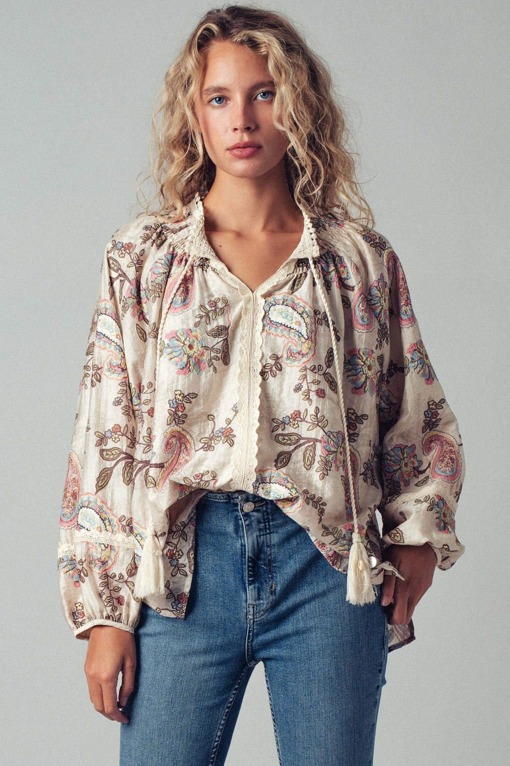Paisley Embroidered Lace Detail Peasant Blouse, additional view