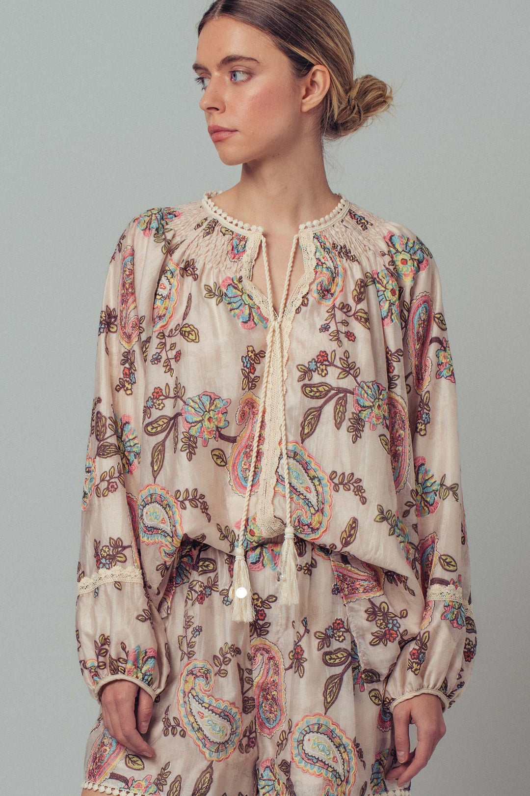 paisley embroidered lace detail peasant blouse - multi