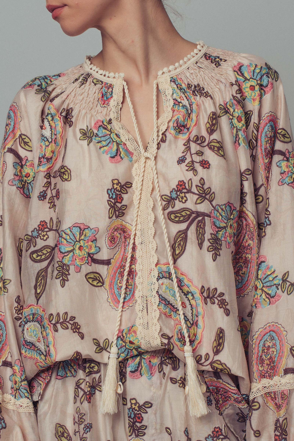paisley embroidered lace detail peasant blouse - multi (additional view)