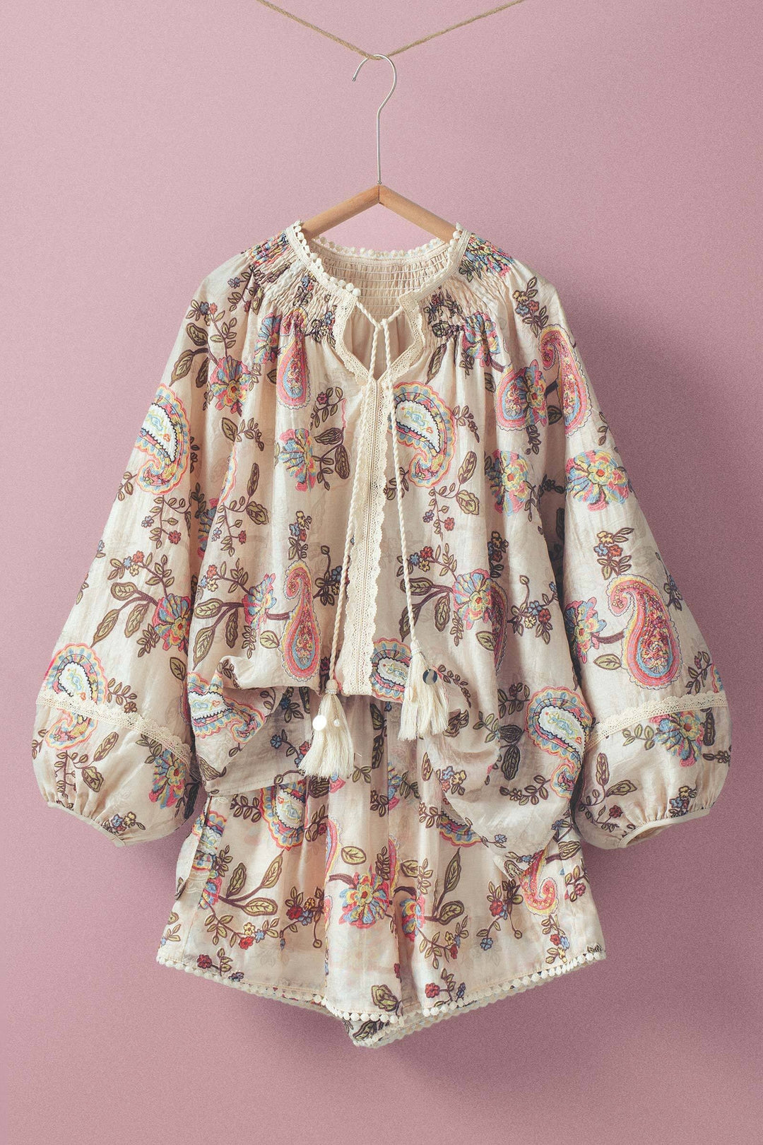 paisley embroidered lace detail peasant blouse - multi