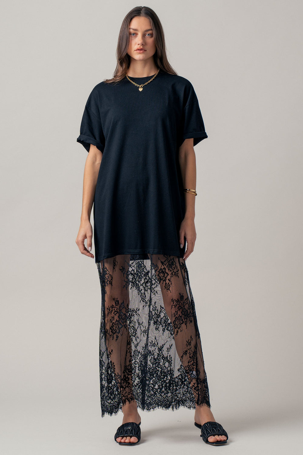 runway lace tee maxi dress - black