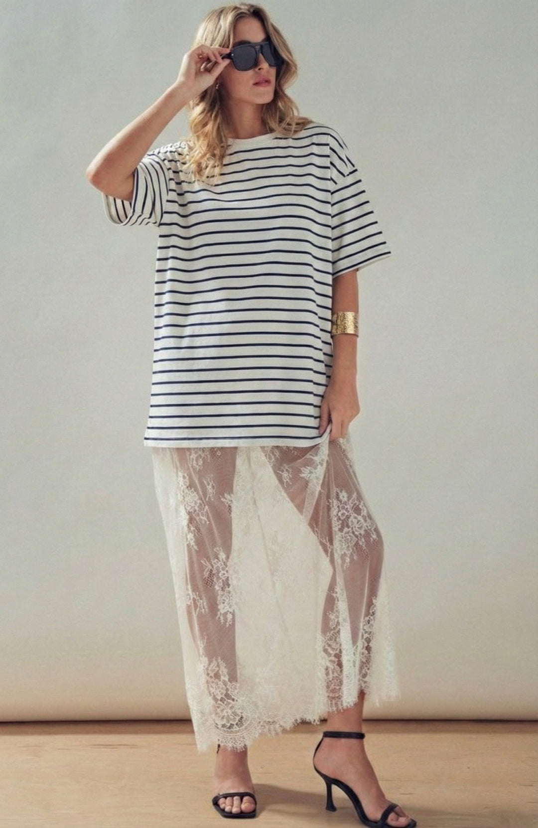 runway lace tee maxi dress - stripe