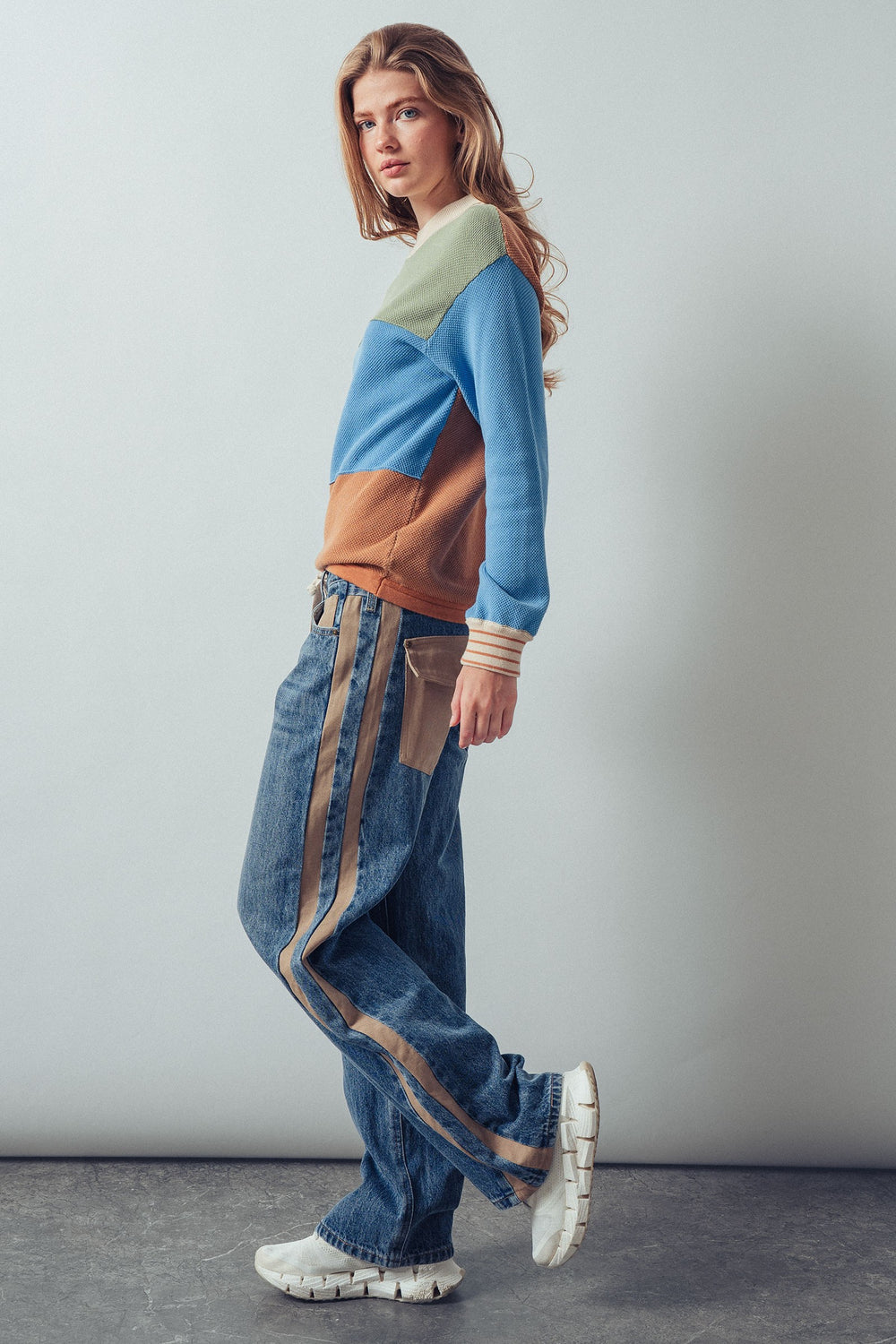 colorblock knit pullover with textured fabric - rust multi (additional view)