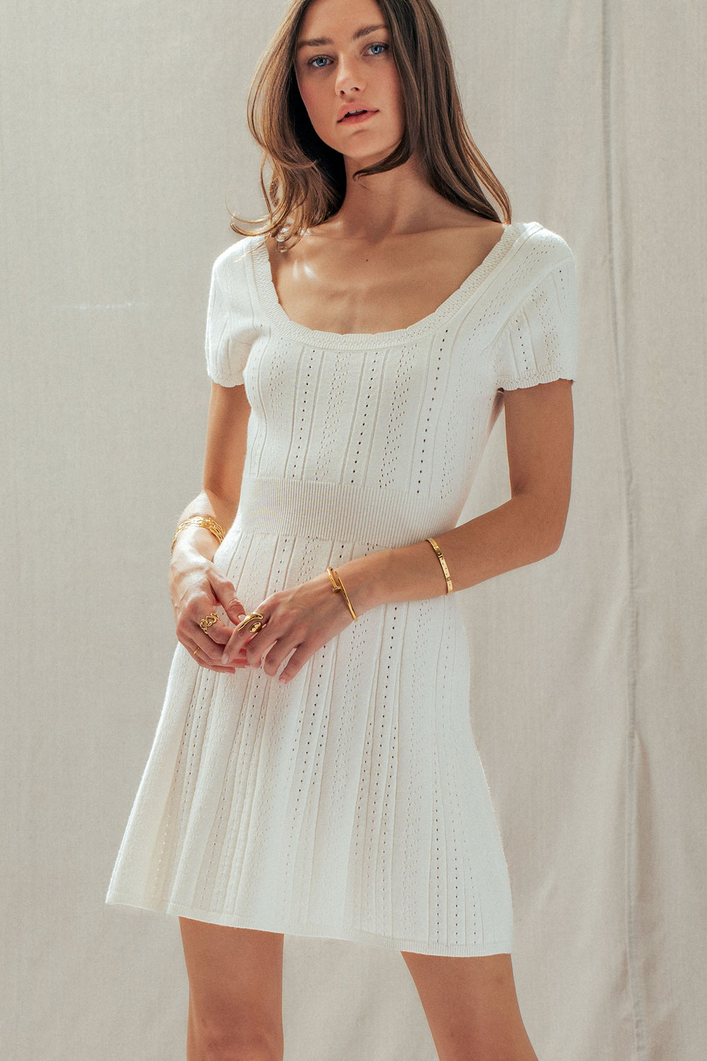 sweetheart pointelle knit mini dress - ivory