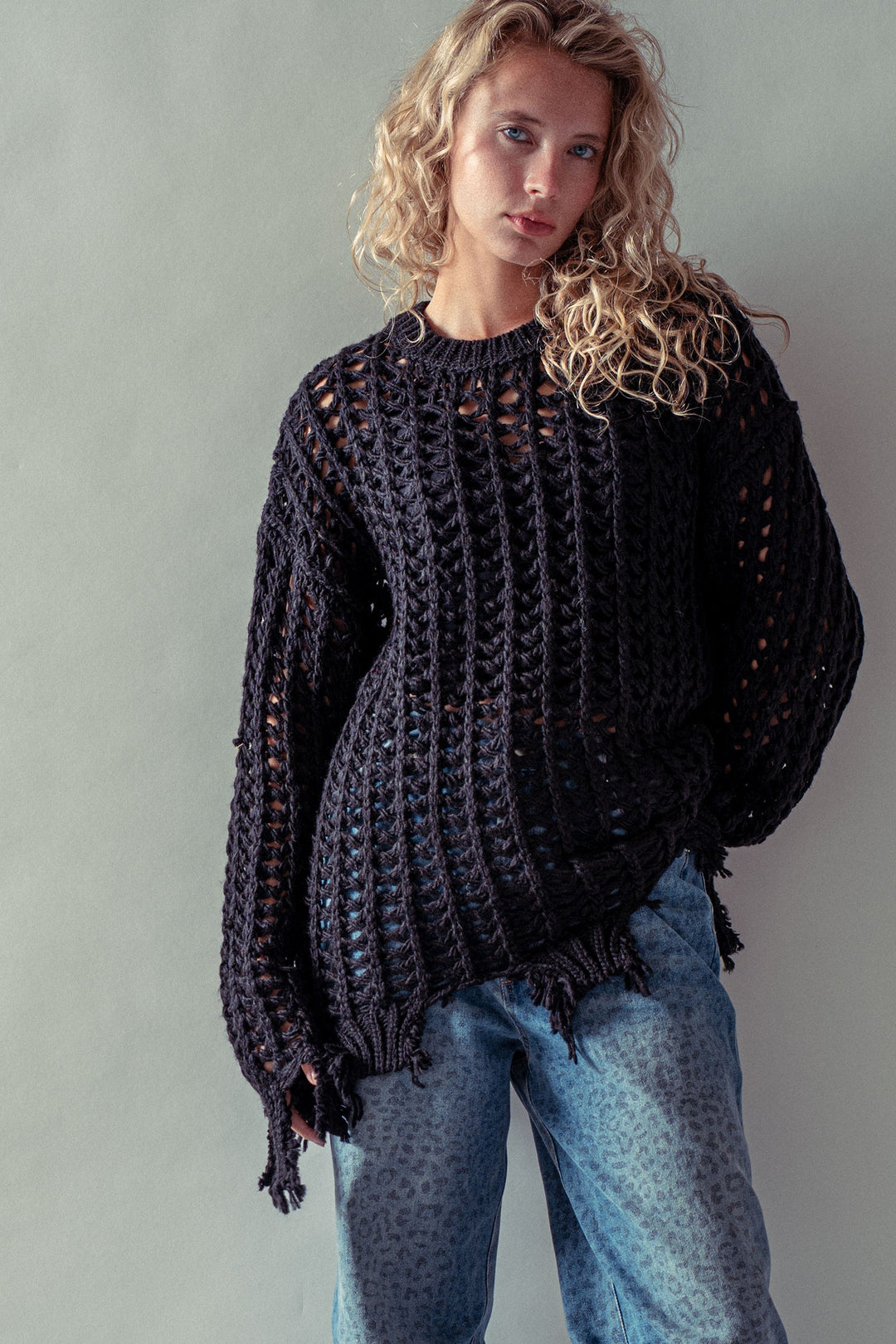open knit sweater - black