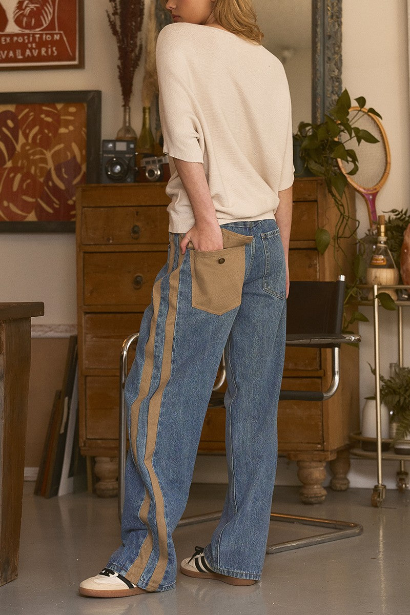 utility stripe wide leg jeans - denim taupe