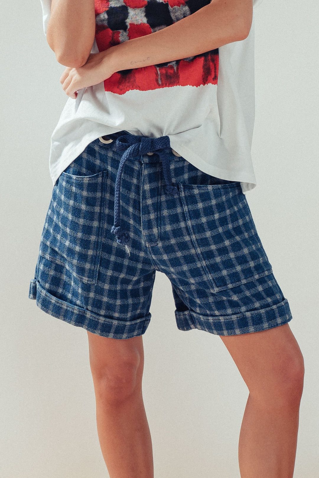 drawstring cuffed shorts - blue