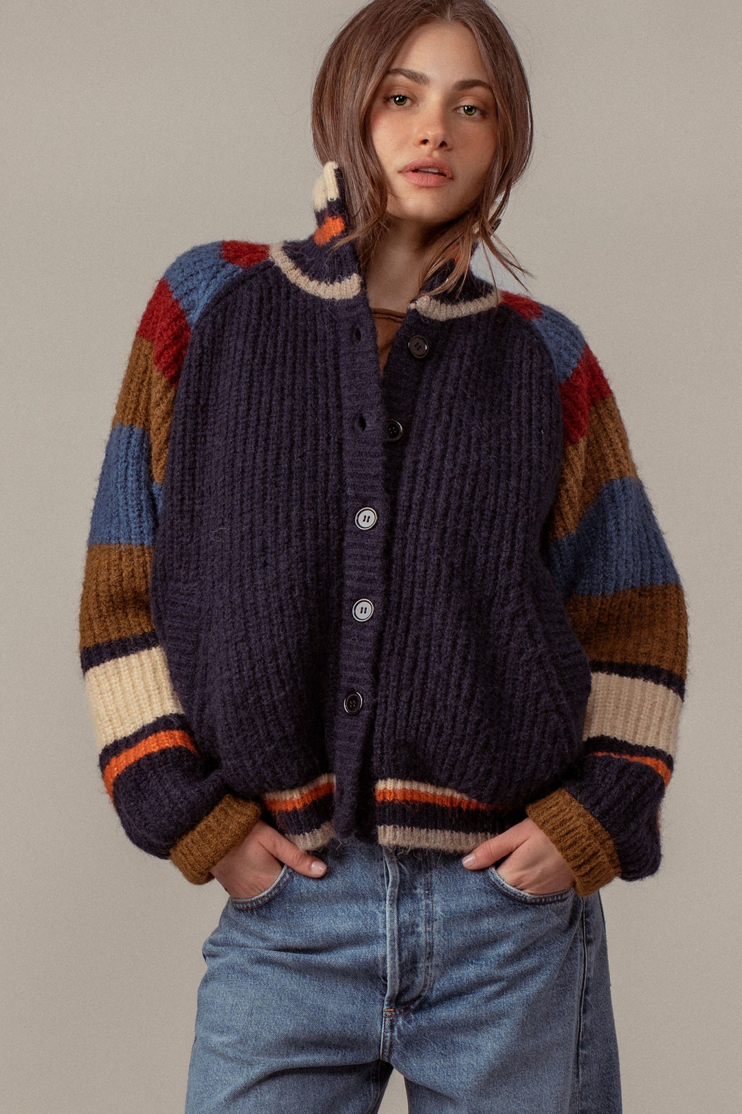 plush fleece lined sweater cardigan jacket - navy