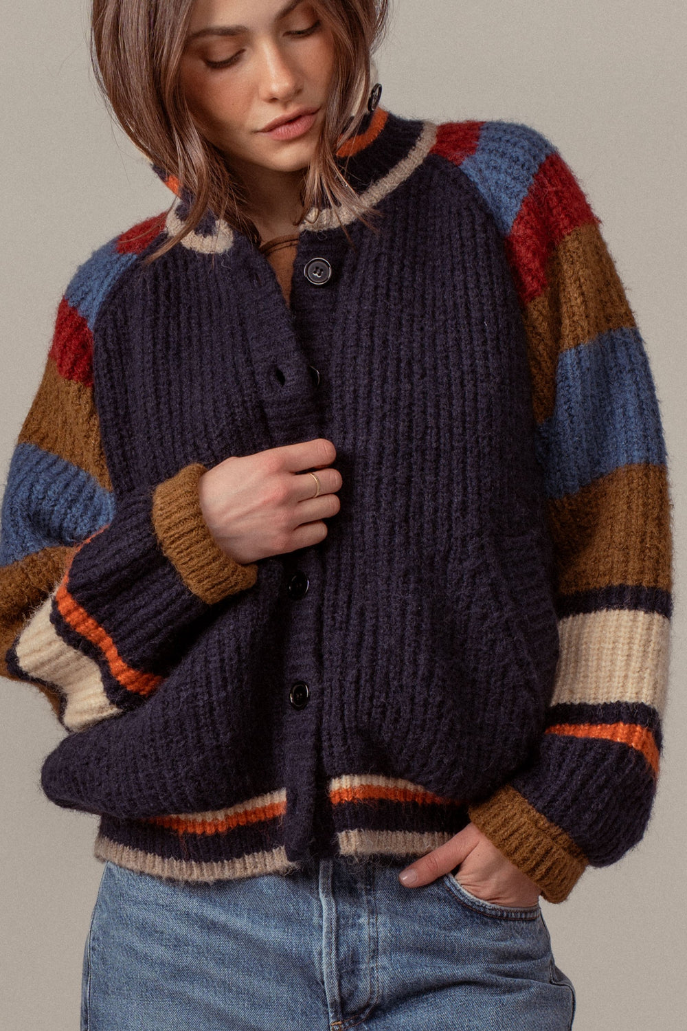 plush fleece lined sweater cardigan jacket - navy (additional view)