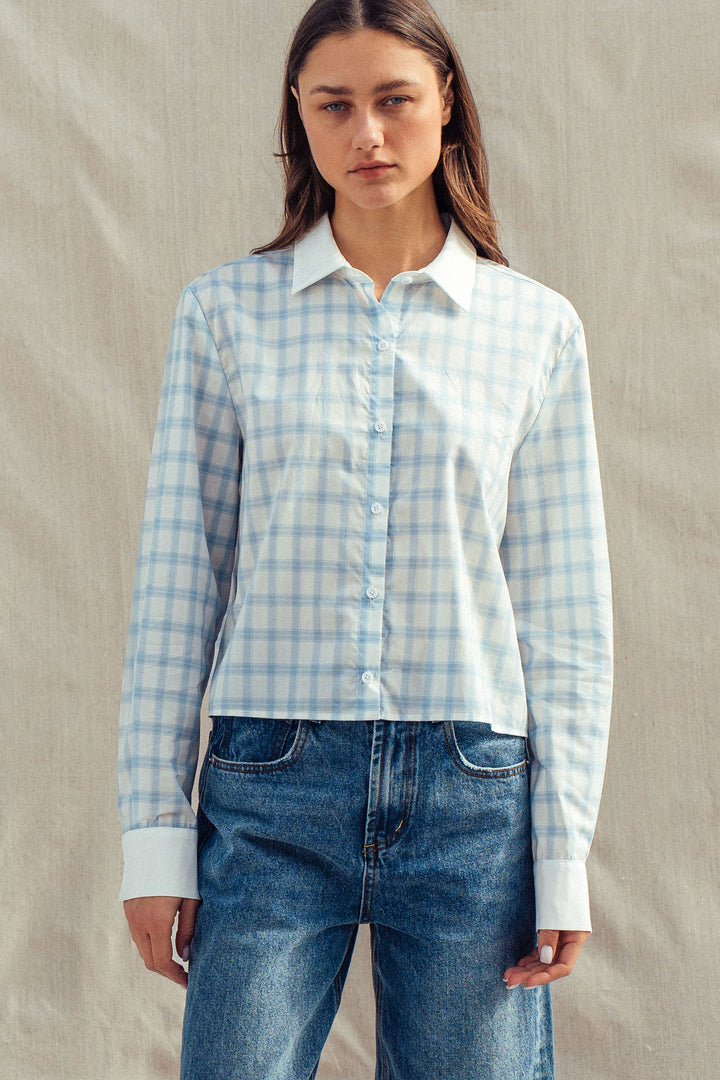 plaid contrast collar blouse - blue