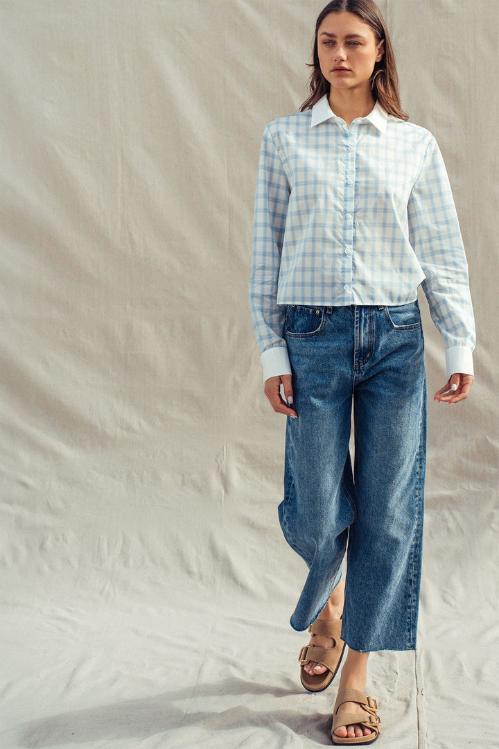 plaid contrast collar blouse - blue (additional view)