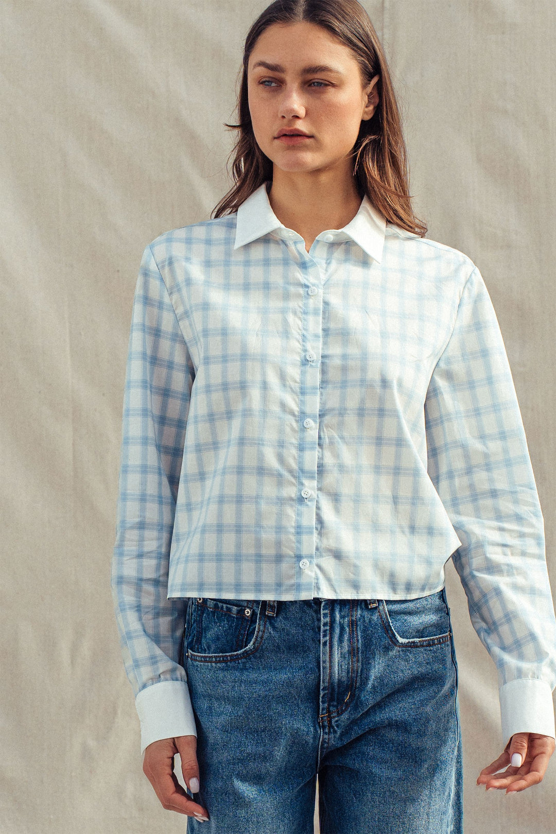 plaid contrast collar blouse - blue (additional view)