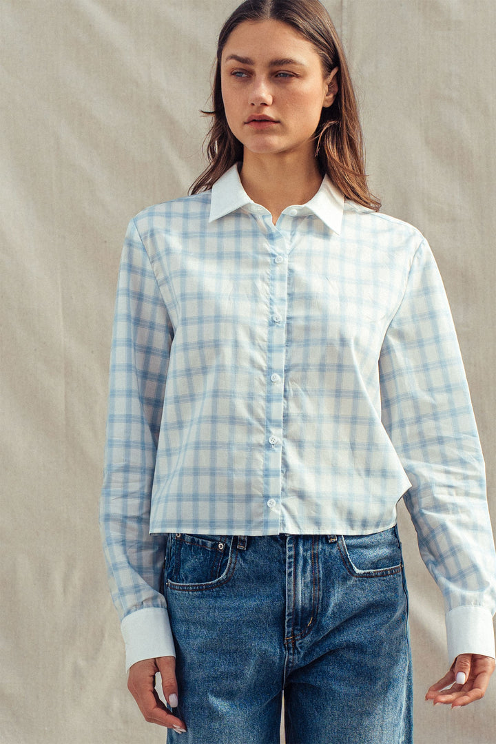 plaid contrast collar blouse - blue (additional view)