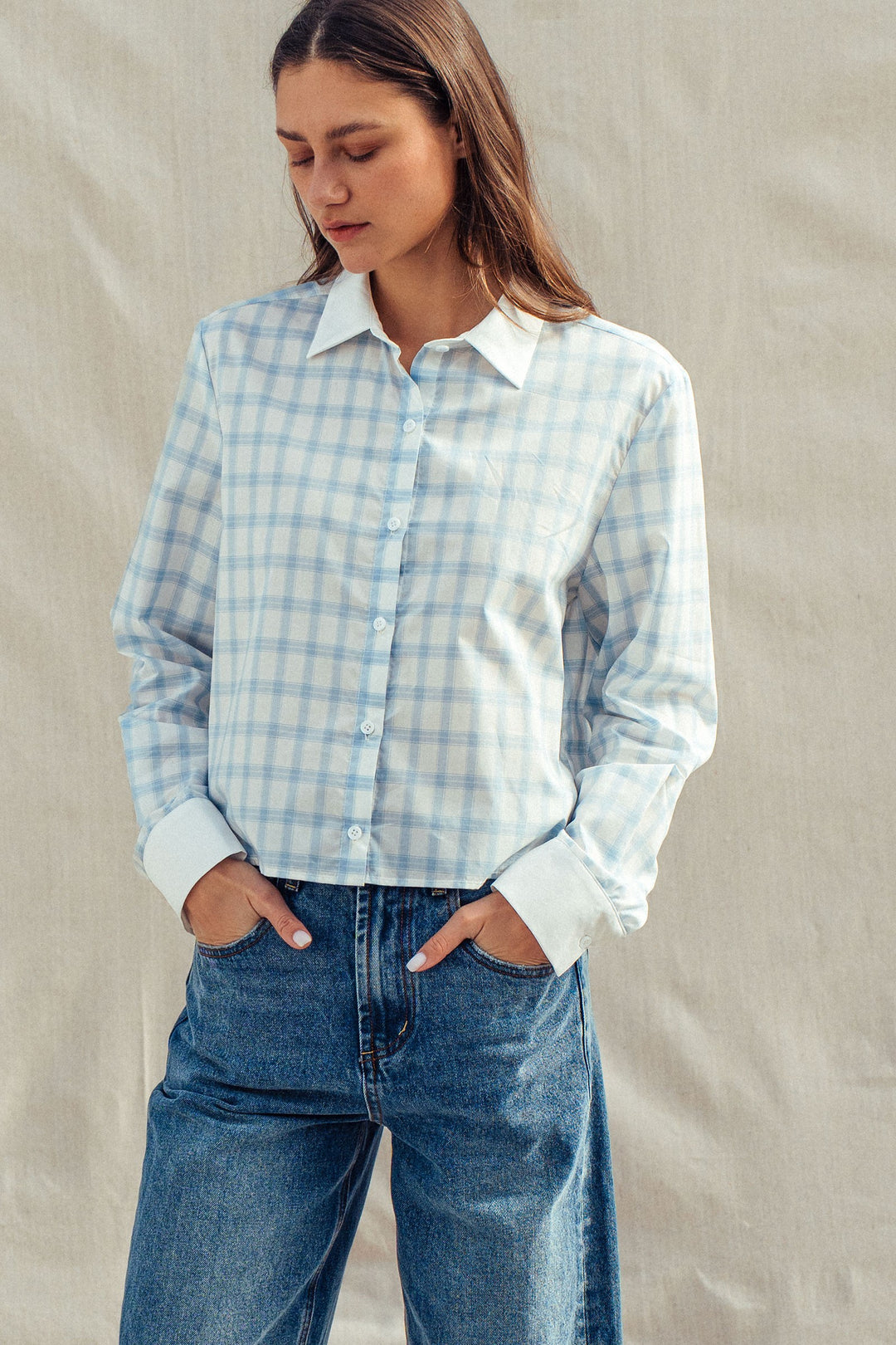 plaid contrast collar blouse - blue (additional view)