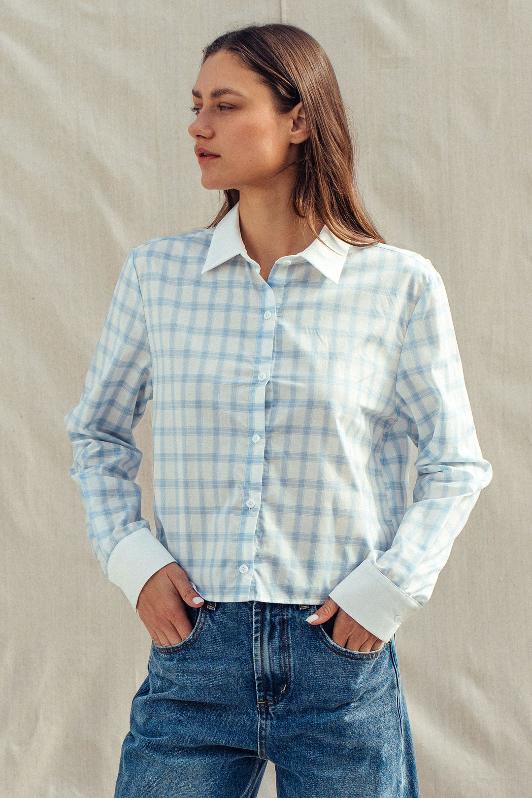 plaid contrast collar blouse - blue (additional view)