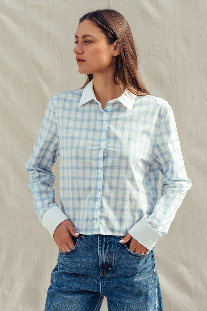 plaid contrast collar blouse - blue (additional view)