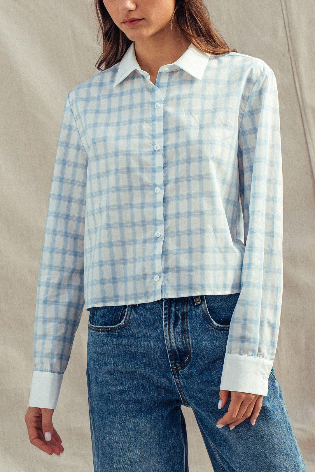 plaid contrast collar blouse - blue (additional view)