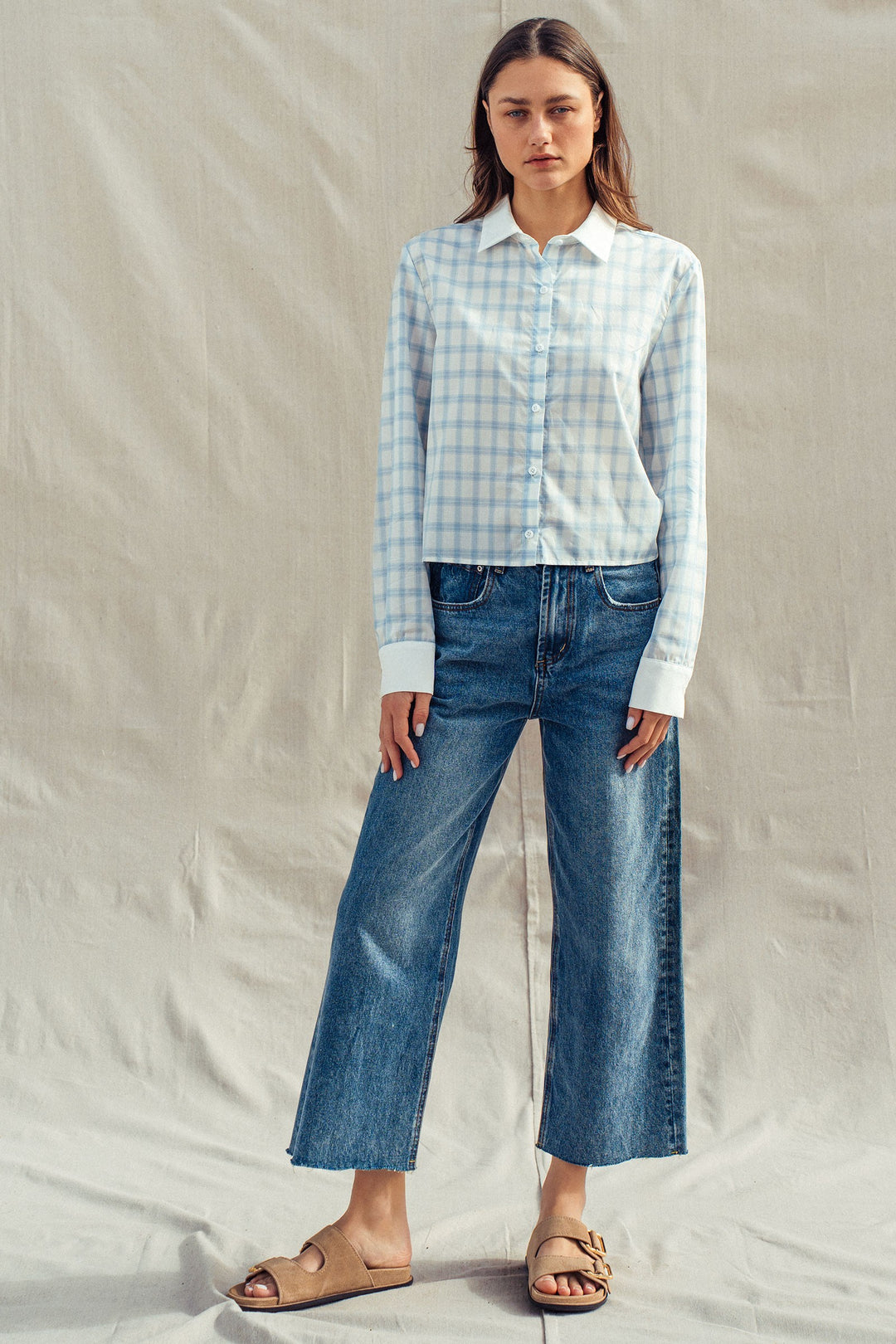 plaid contrast collar blouse - blue (additional view)