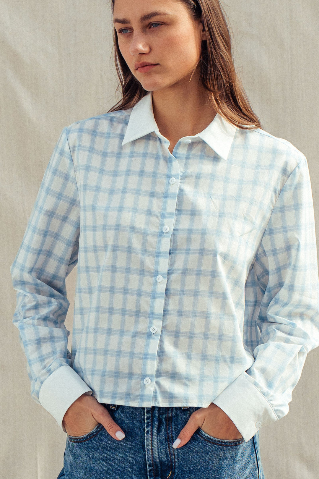 plaid contrast collar blouse - blue (additional view)
