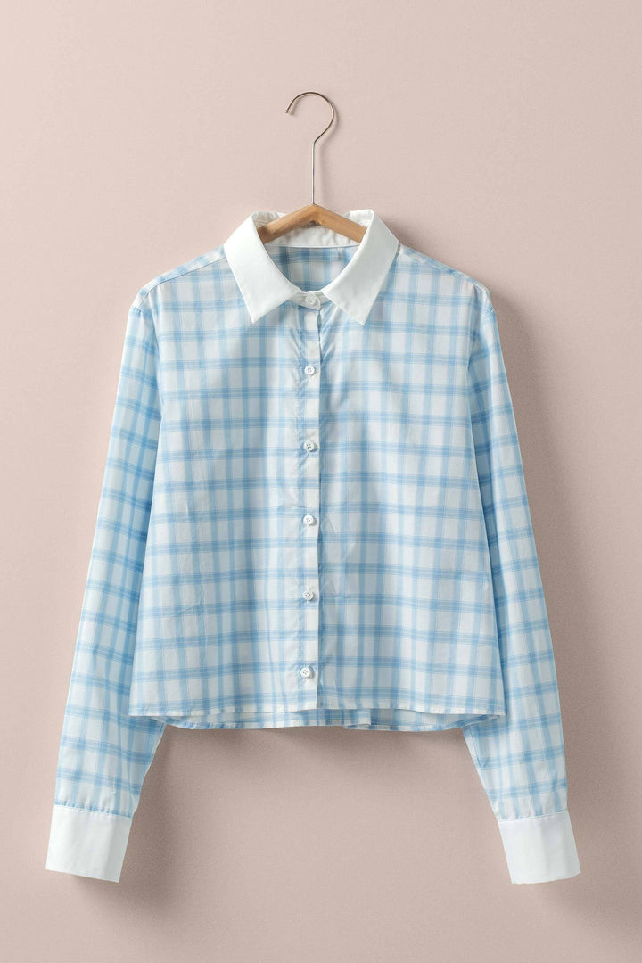 plaid contrast collar blouse - blue (additional view)
