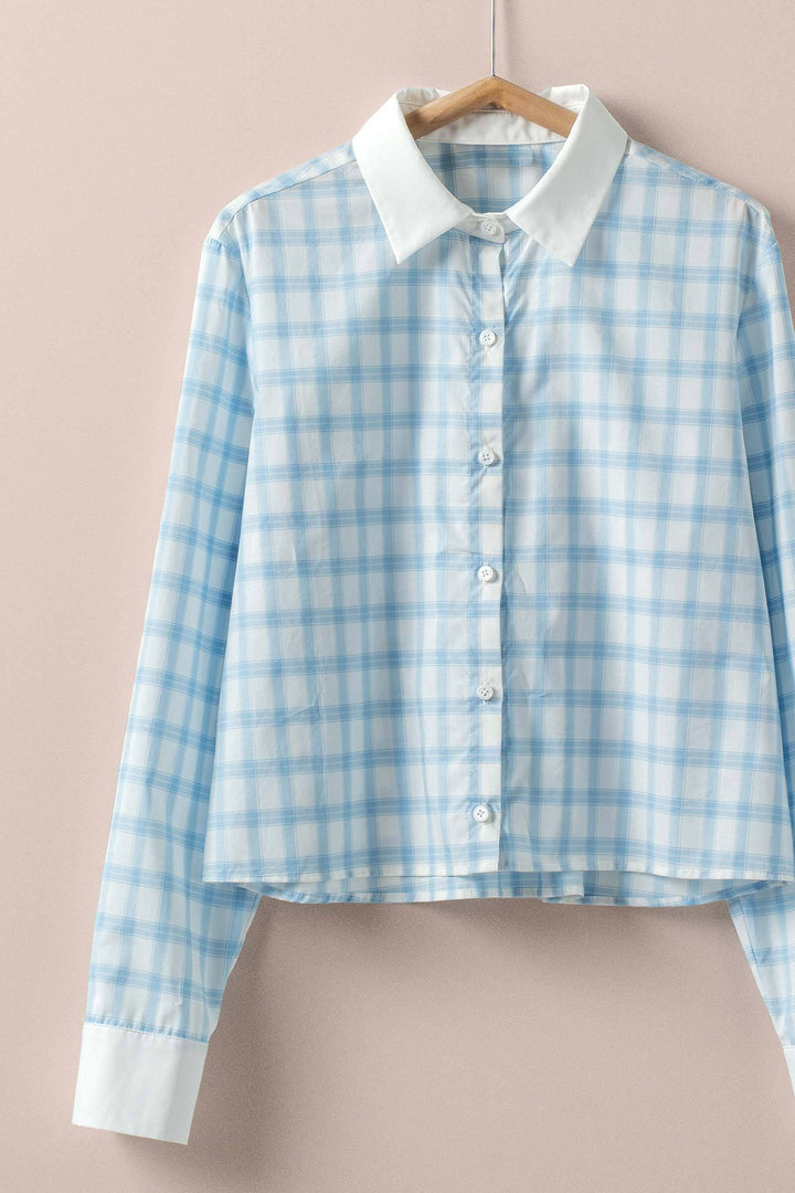 plaid contrast collar blouse - blue (additional view)