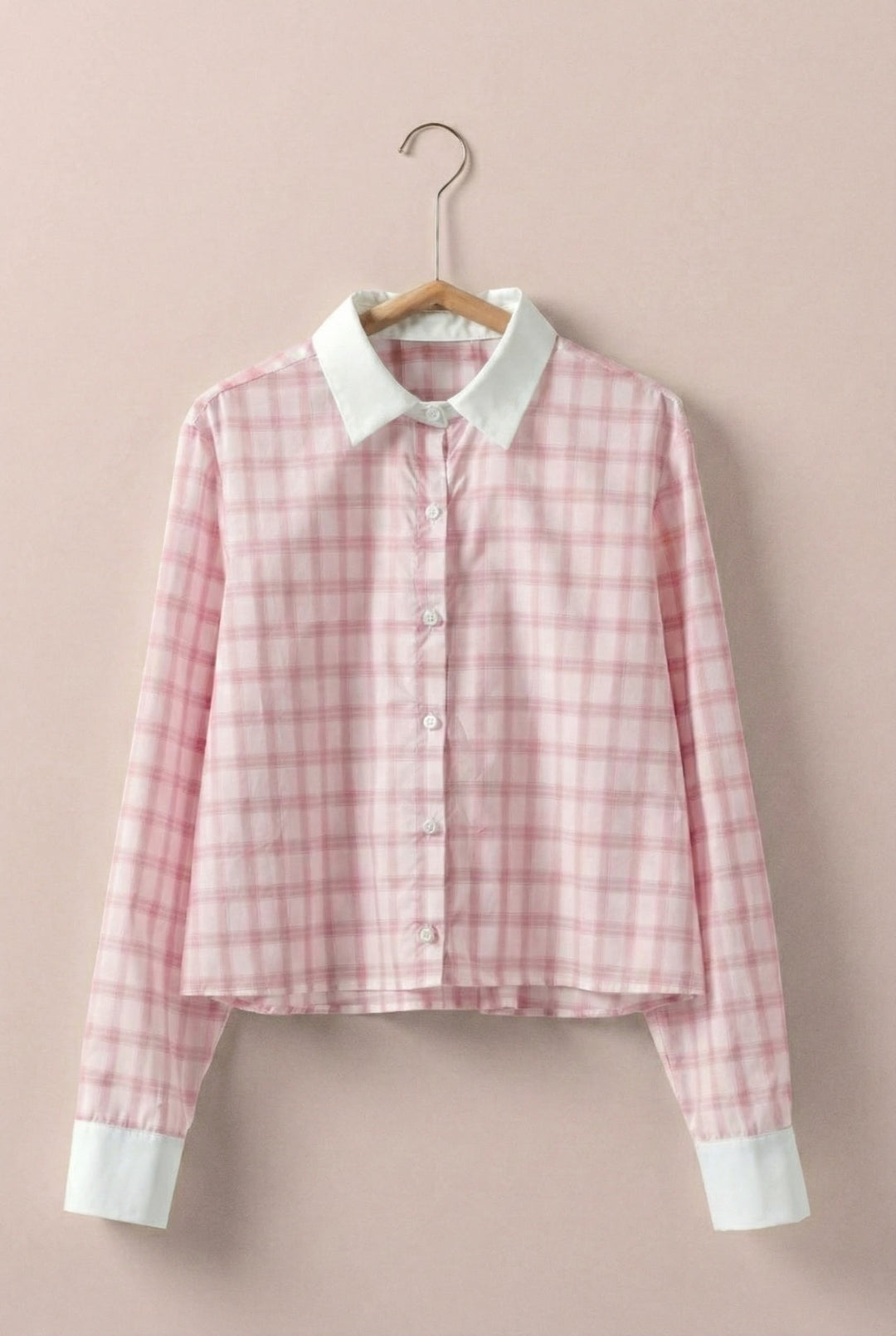 plaid contrast collar blouse - pink