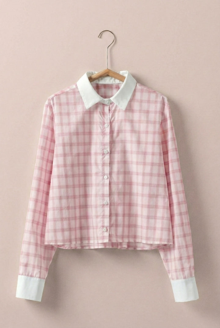 plaid contrast collar blouse - pink