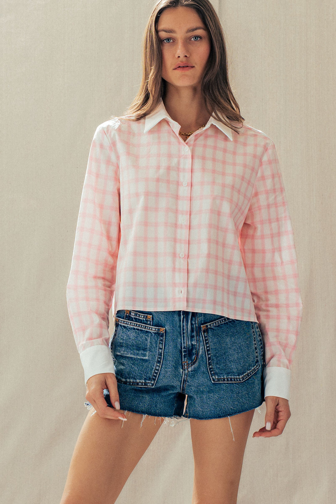 plaid contrast collar blouse - pink (additional view)